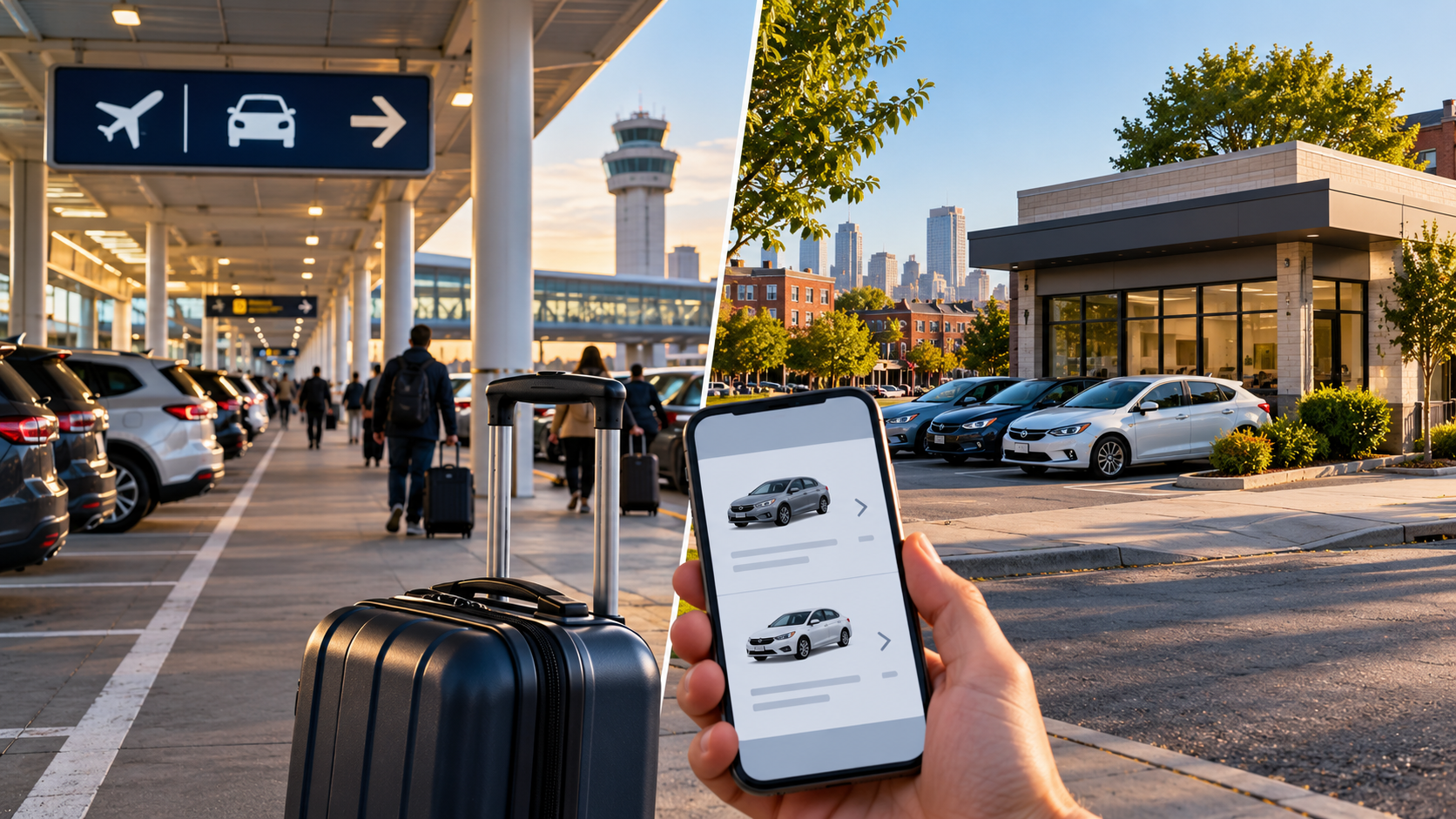 Editorial illustration comparing a busy airport car-rental pickup area with a neighborhood car-rental office.